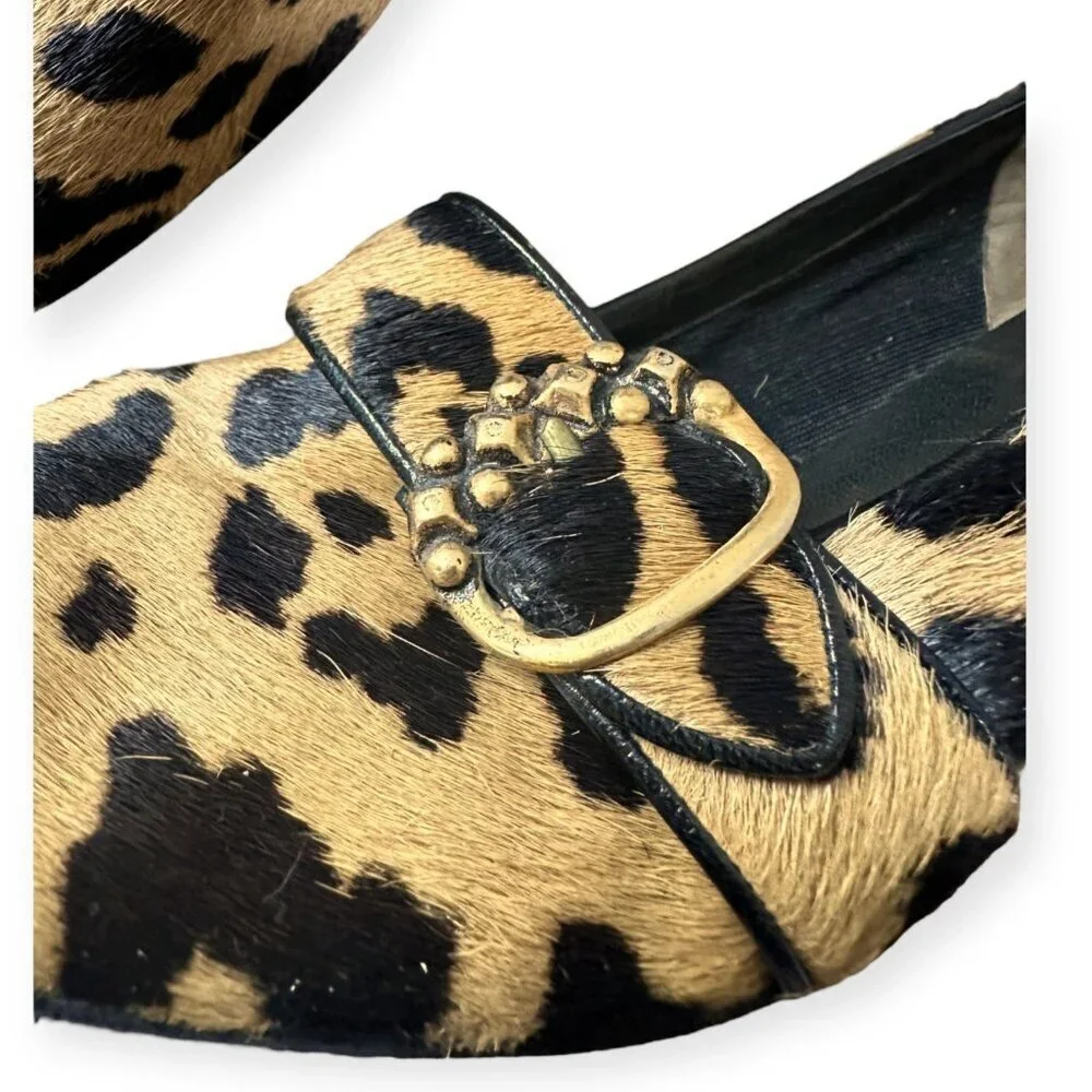 Vintage 1969 Herbert Levine Leopard Hair Calf Mod Pumps Gold Buckle, 7.5 AA